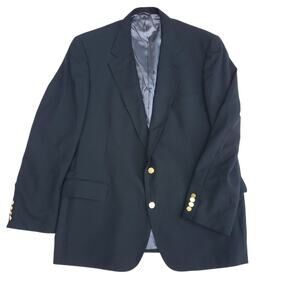 Lands' End Black Wool Blazer Jacket Sport Coat Gold Crested Buttons Size 48L